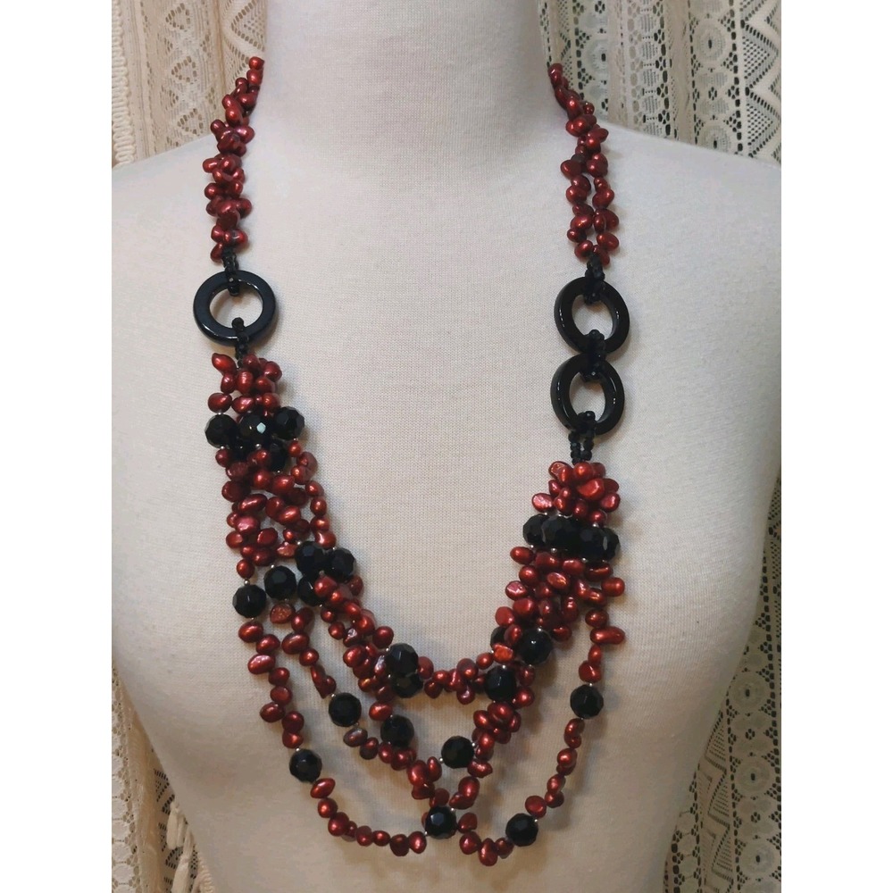 Red Freshwater Pearl Necklace Black Multi Strand Statement Maximalist Vintage